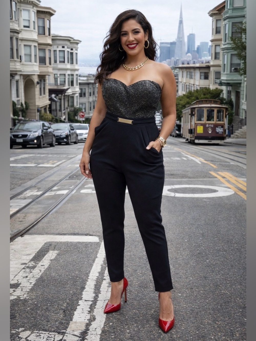 Love J Strapless Black Jumpsuit with Sparkling Metallic Bodice